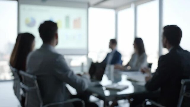 Business meeting in progress with diverse professionals gathered around a table, discussing charts and graphs displayed on a projector screen