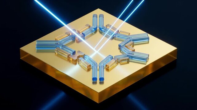 表面プラズモン共鳴センシングにおける抗原抗体反応とレーザー反射の変化を示す抽象的CGアニメーション