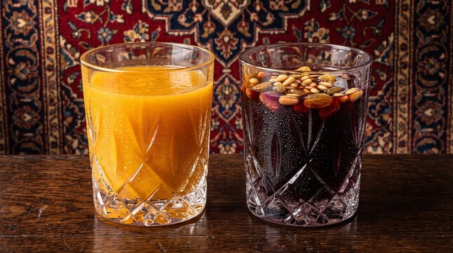 Refreshing traditional Middle Eastern beverages featuring thick yellow fruit juice and dark purple jallab drink topped with nuts