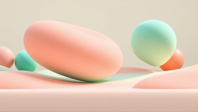 Pastel spheres, oblong shapes rest upon soft curves. Minimalist composition, muted tones create serene scene. Smooth surfaces, gentle lighting.