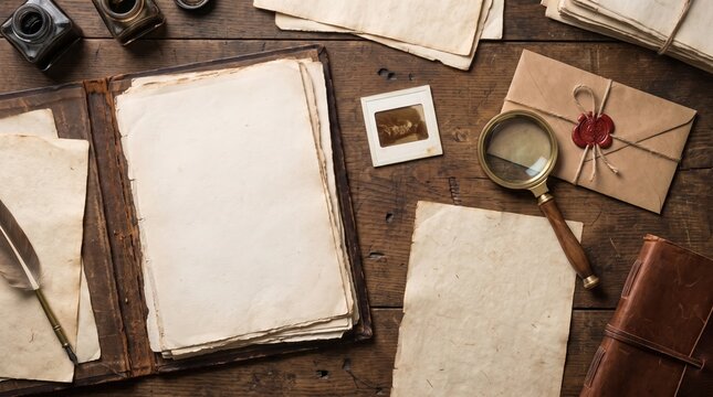 Vintage wooden desk with antique paper magnifying glass and ink