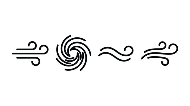 Wind and swirl line icon set with blowing air, spiral tornado and wave gust symbol design
