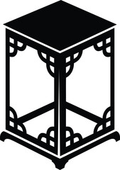 A black and white isometric of a square side table with decorative lattice patterns on the legs and a flat surface area © Montaj_A