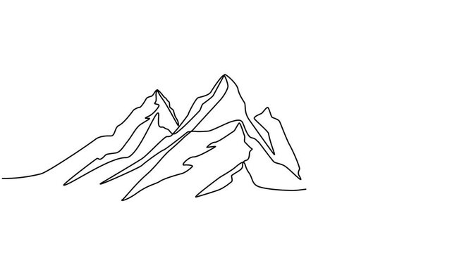 Animated mountain landscape video. Minimalist skyline with mountain peaks in a simple single-line style. Winter sports adventure concept in doodle style.