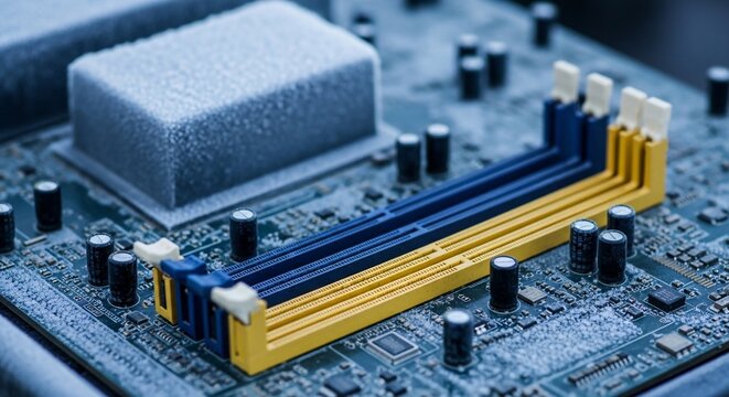 Close-up of a dormant computer motherboard, highlighting memory slots and circuitry.