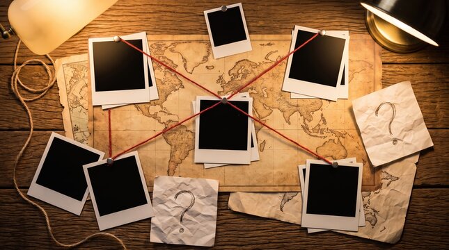Investigation board with world map photos and red string on desk
