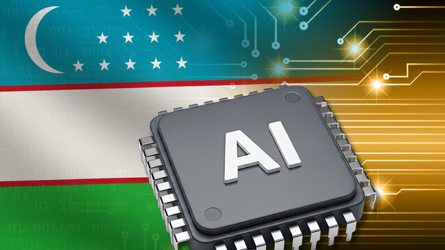 The integrated circuit and the Uzbek flag illustrate Uzbekistan's AI technological development. Semiconductors, digital infrastructure, cybersecurity, the technology race, and artificial intelligence.