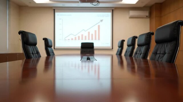 Corporate meeting room with a business graph projection on screen and a polished wooden conference table