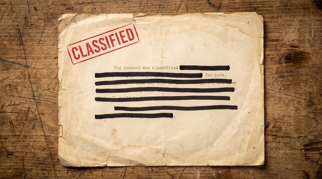 Vintage classified document with redacted text on wooden table