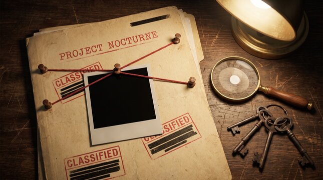 Classified file folder with magnifying glass and vintage keys on desk