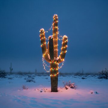 Desert Solstice Glow: A Saguaro's Twinkling Embrace in Winter's Hush.