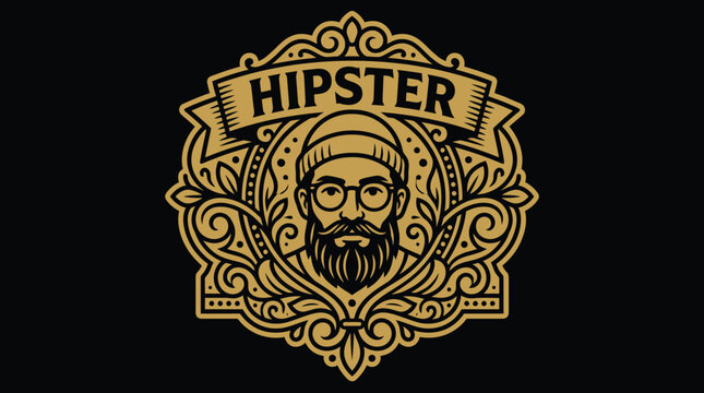 Vintage ornate hipster logo with bearded man illustration.