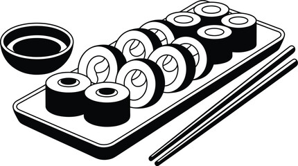 Isometric black and white of a sushi platter with multiple maki rolls, a small bowl of soy sauce, and chopsticks on a tray © Montaj_A