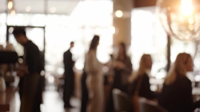 A blurred image of people socializing and working inside a bright, modern coffee shop with ambient lighting