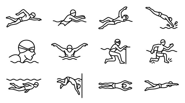 Corporate Set of Black and White Swimming Strokes and Diving Techniques for Training Manuals or Sports Presentations