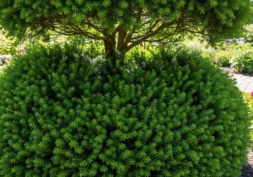 Emerald spheres: sculpted evergreen's textured embrace.