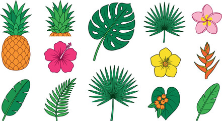 Naklejka premium Tropical Jungle Leaves and Summer Exotic Flower Vector Set Featuring Pineapple Monstera Palm Fronds Hibiscus and Plumeria Clip Art Elements