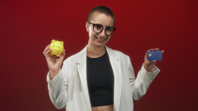 Woman holds yellow piggybank in one hand and displays blue creditcard with other hand in studio; financial choice confidence.