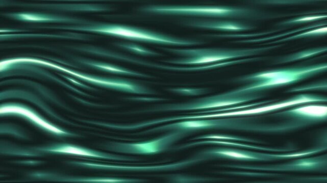 Abstract metallic green liquid wave background texture design, luxury fluid shiny ripples with satin silk fabric effect vector illustration, elegant smooth moving wavy lines pattern backdrop.