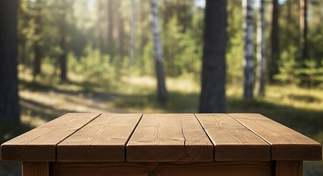 Sun-dappled forest table: Rustic wood invites nature's bounty.
