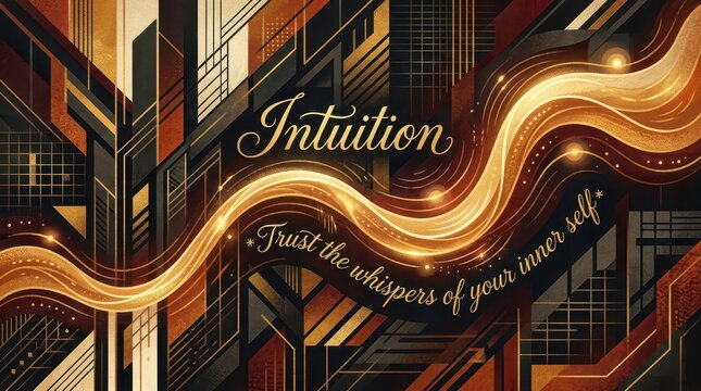 Abstract Art Deco Background with Golden Swirls and the Word Intuition, Symbolizing Inner Wisdom and Guidance