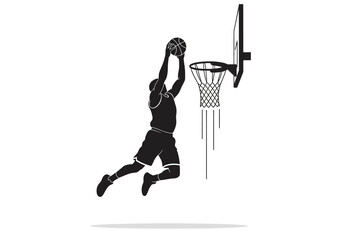 Silhouette of a basketball player performing a slam dunk. © Jepry