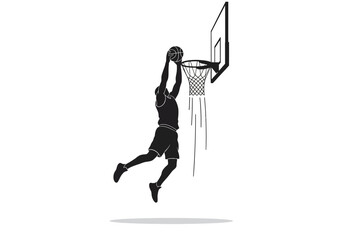 Silhouette of a basketball player performing a slam dunk. © Jepry