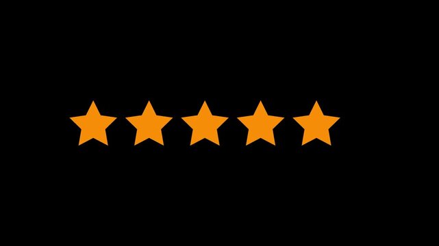 Five orange star rating icon template design vector illustration for customer product review feedback, premium quality evaluation ranking emblem, animation on dark black background.