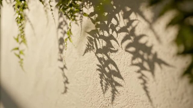 Leaf Shadows on Textured Beige Wall in Warm Sunlight