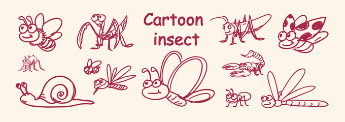 vector various cartoon insect element set . Hand drawn sketch cartoon insect set . abstract cartoon insect elements . Line art set . vector illustration © thisara
