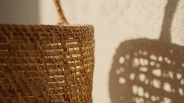Woven Wicker Basket and Shadow on Textured Wall