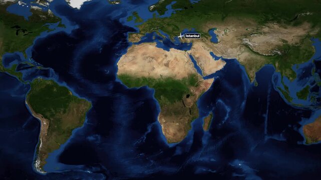 Animated Flight Route Map from Istanbul to Buenos Aires Across the Atlantic