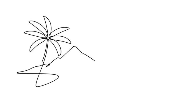 Animated video of a mountain landscape with a lake or sea. A minimalist skyline with mountain peaks in a simple single-line style. Adventure, sports, and summer vacation concepts in doodle style.