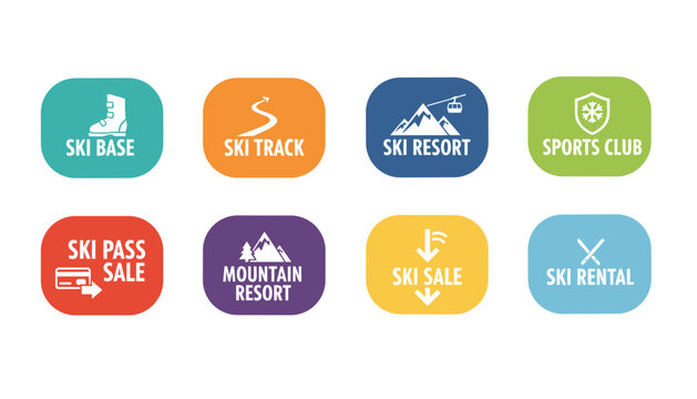 Collection of eight colorful winter sports icons highlighting ski resort, ski rental, mountain, and ticket sales.