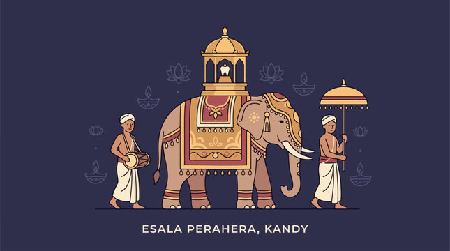 Esala Perahera festival illustration. Traditional Sri Lankan elephant procession graphic.