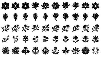 Fototapeta premium Magnolia Flower Silhouette Vector Set with Elegant Botanical Blossom and Leaf Designs