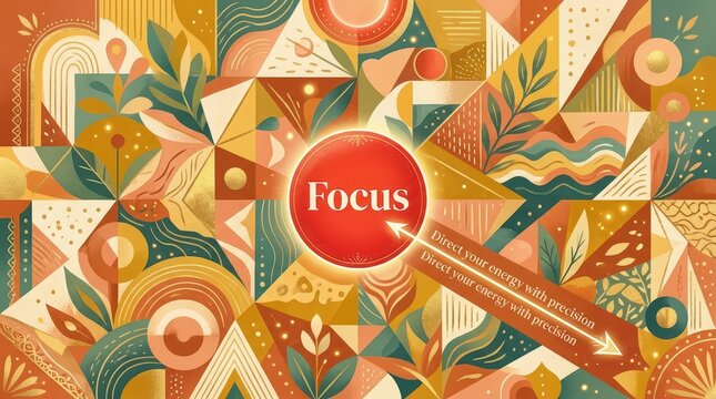 Abstract geometric pattern with a red "Focus" circle and motivational text for precision and energy direction