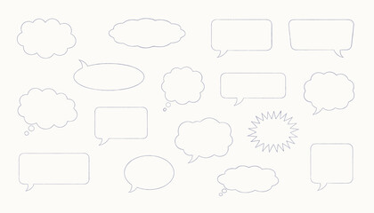 Fototapeta premium Large collection of empty speech bubbles and comic book thought clouds with dotted outlines on an off-white background.