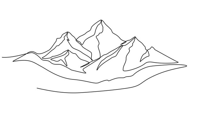 Animated mountain landscape video. Minimalist skyline with mountain peaks in a simple single-line style. Winter sports adventure concept in doodle style.