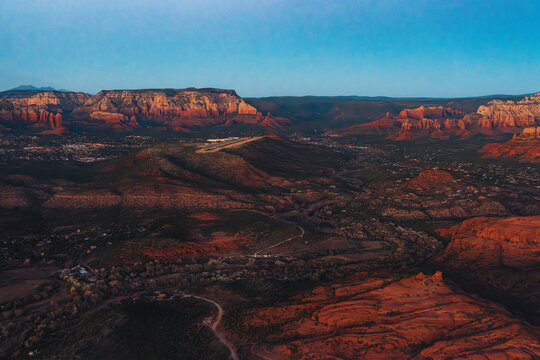 sedona airport red rock landscape at sunset aerial view of arizona canyon formations and desert vistas