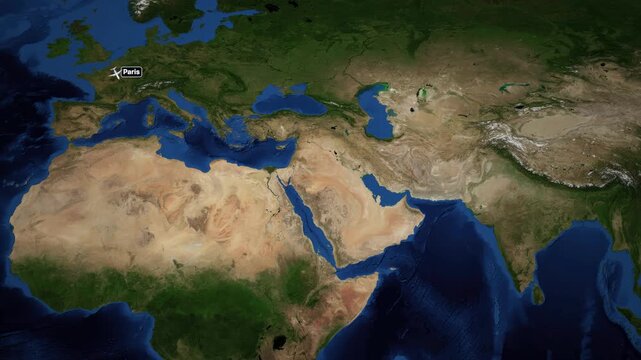 Animated Satellite Map Tracking Flight Route from Paris to Addis Ababa