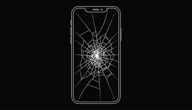 Simple line drawing depicts a modern smartphone with a heavily cracked and shattered glass screen on a black background.
