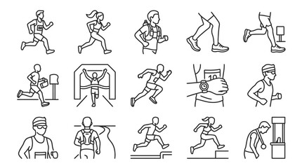 Sleek Black and White Line Set of Various Running and Athletic Activity Icons with high quality professional line art symbols for modern creative design and digital branding projects © Ghaisan