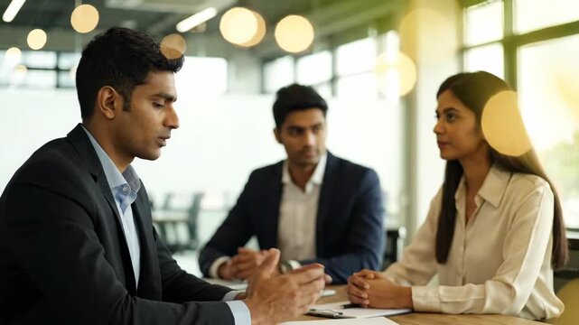 Colleagues discussing a business strategy in a modern office setting, fostering collaboration and growth