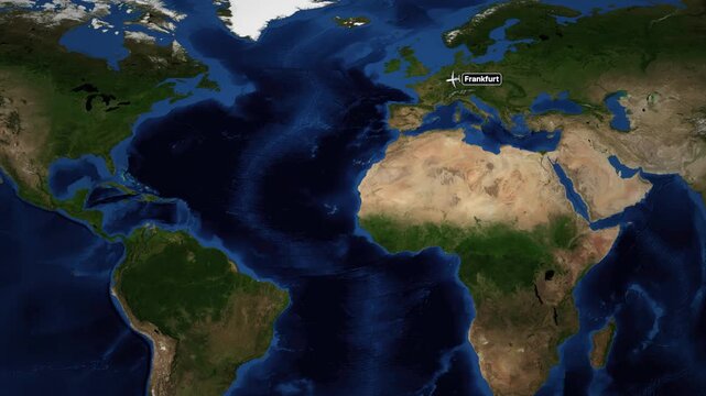 Animated World Map Showing Airplane Flight Path from Frankfurt to Lima