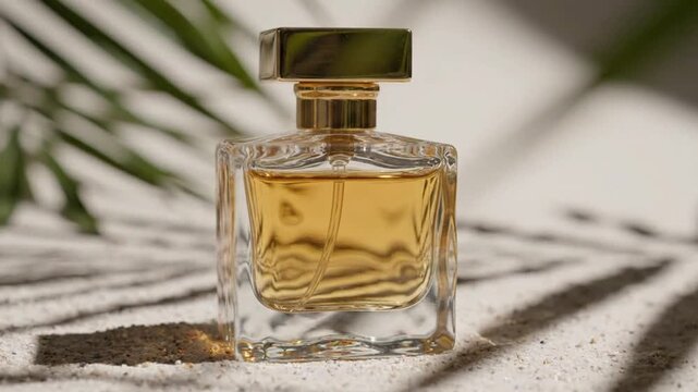 Luxury Perfume Bottle on Sand with Palm Shadows