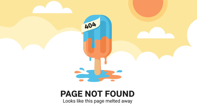 Web page not found 404 error template featuring a melting blue and orange popsicle stick against a cloudy sky background.
