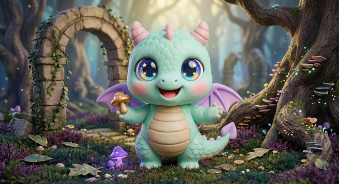 Cute baby dragon mascot holding a mushroom in an enchanted fantasy forest. Adorable kawaii 3D clay style character with big sparkling eyes, perfect for children's illustration, mascot, sticker, and nu
