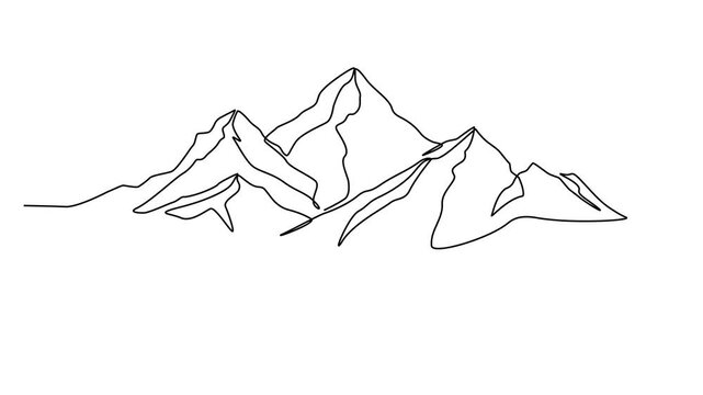 Animated mountain landscape video. Minimalist skyline with mountain peaks in a simple single-line style. Winter sports adventure concept in doodle style.
