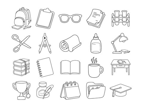 Hand Drawn School and Education Supplies Doodle Illustration Set